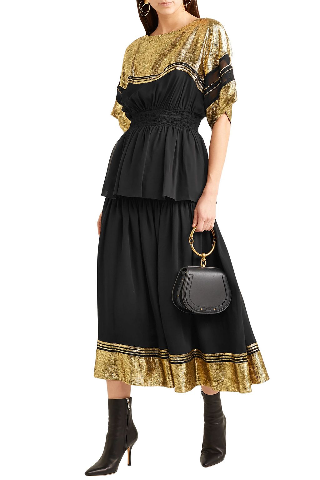 CHLOÉ Shirred silk-blend chiffon and lamé midi skirt