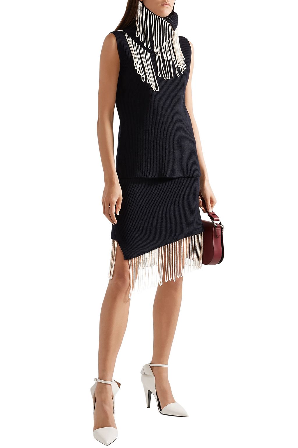 CALVIN KLEIN 205W39NYC Asymmetric fringe-trimmed ribbed wool-blend skirt