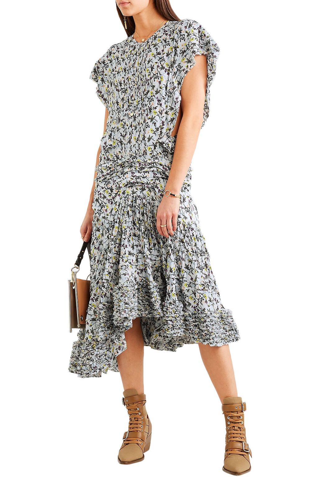 CHLOÉ Ruffle-trimmed pleated floral-print georgette midi dress