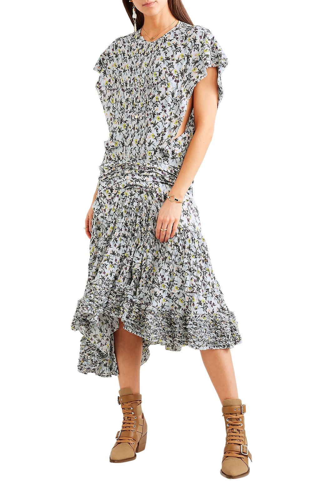 CHLOÉ Ruffle-trimmed pleated floral-print georgette midi dress