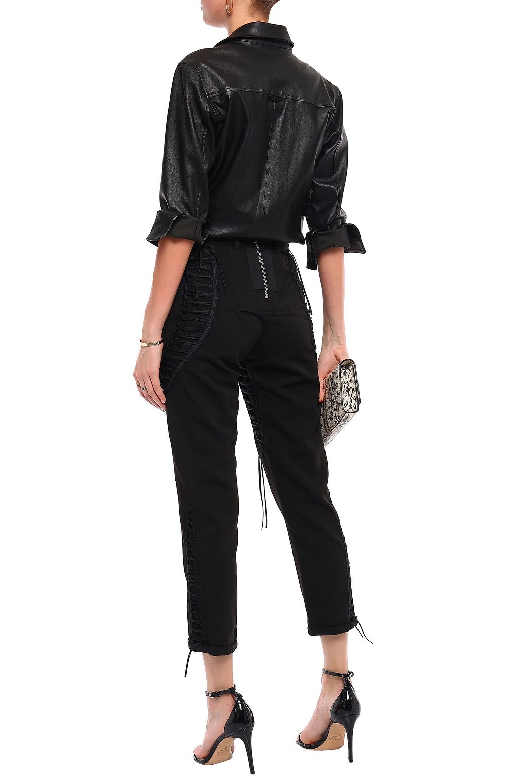 SAINT LAURENT Lace-up cotton and linen-blend tapered pants