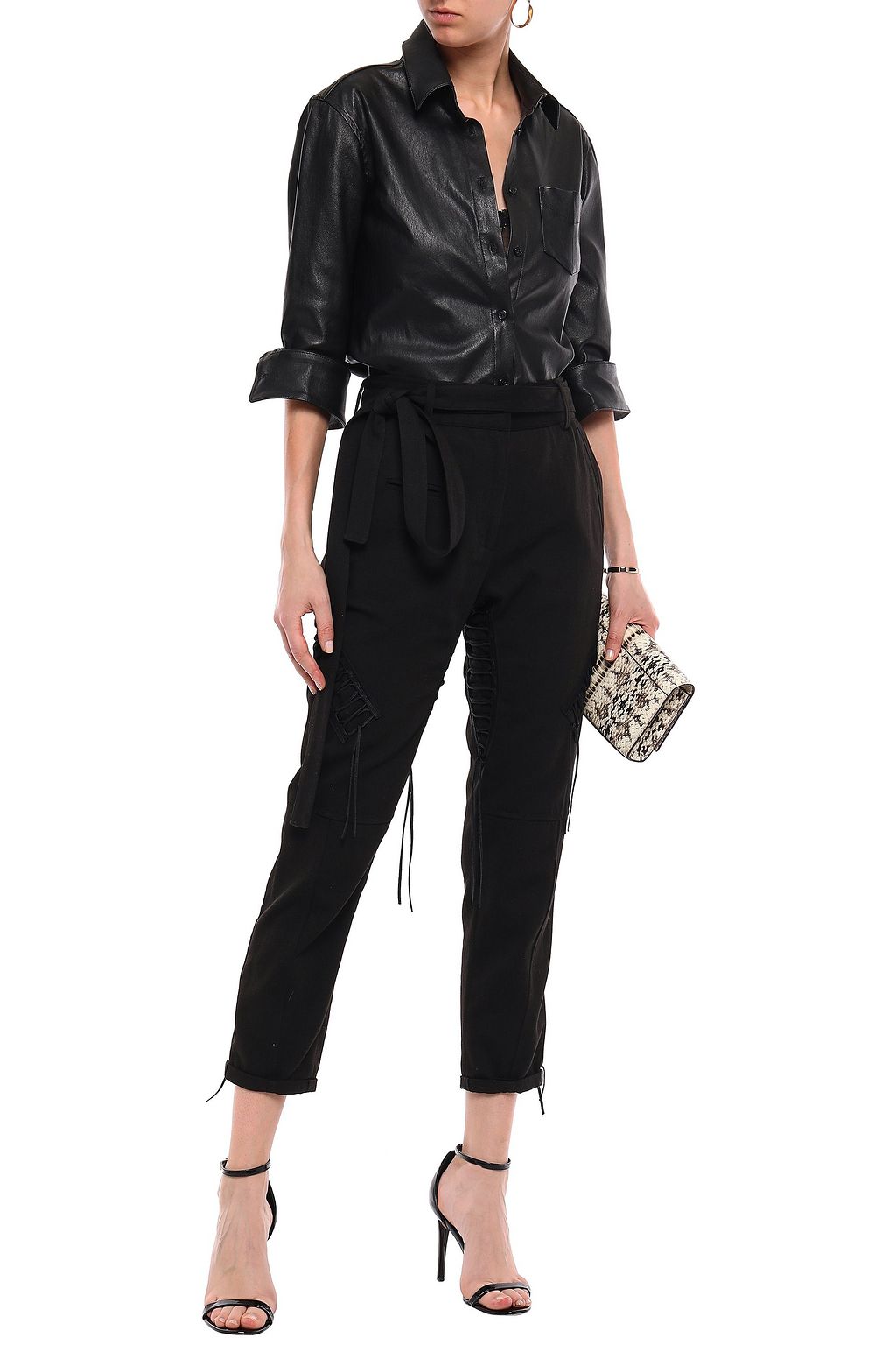 SAINT LAURENT Lace-up cotton and linen-blend tapered pants