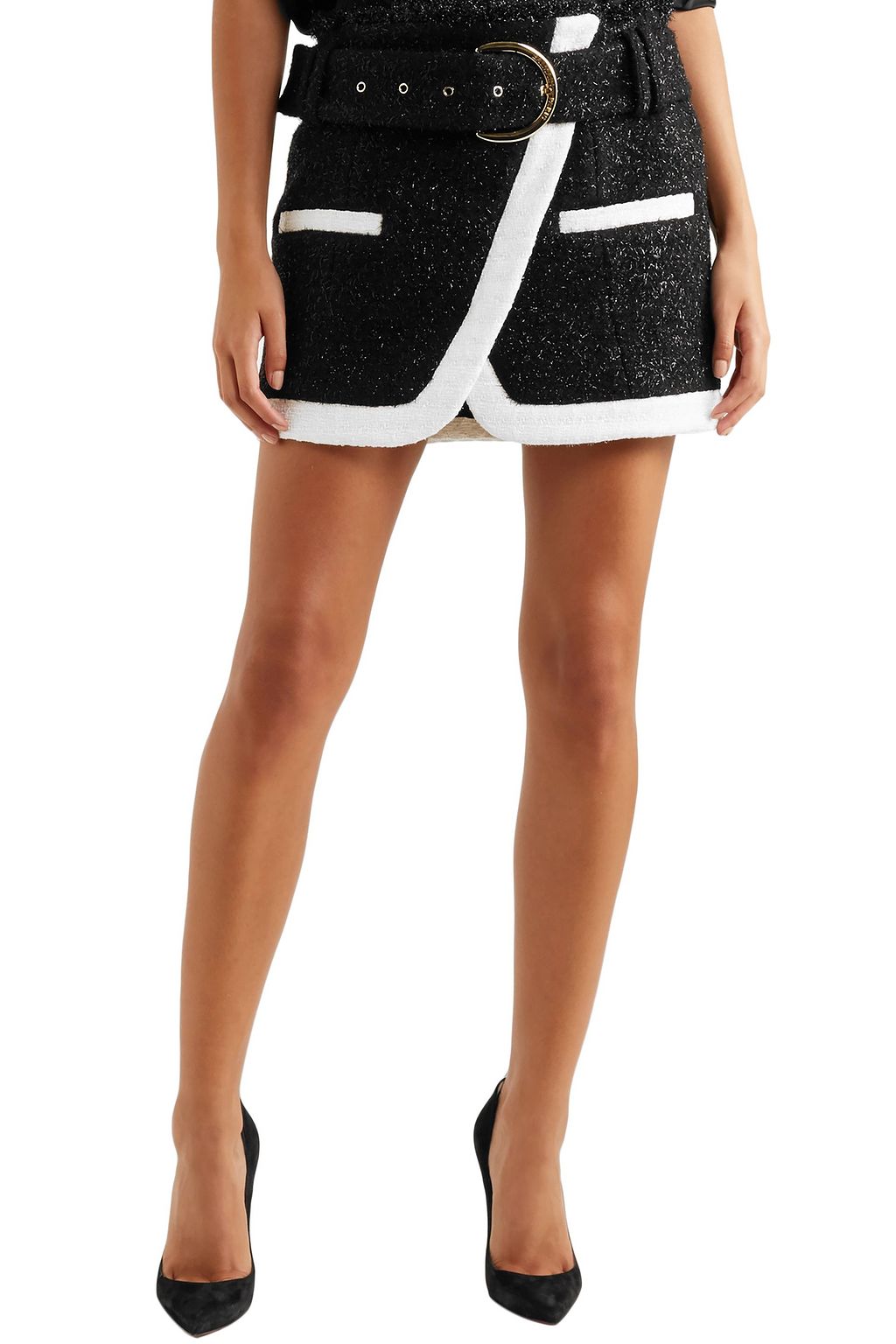 BALMAIN Wrap-effect belted metallic bouclé mini skirt