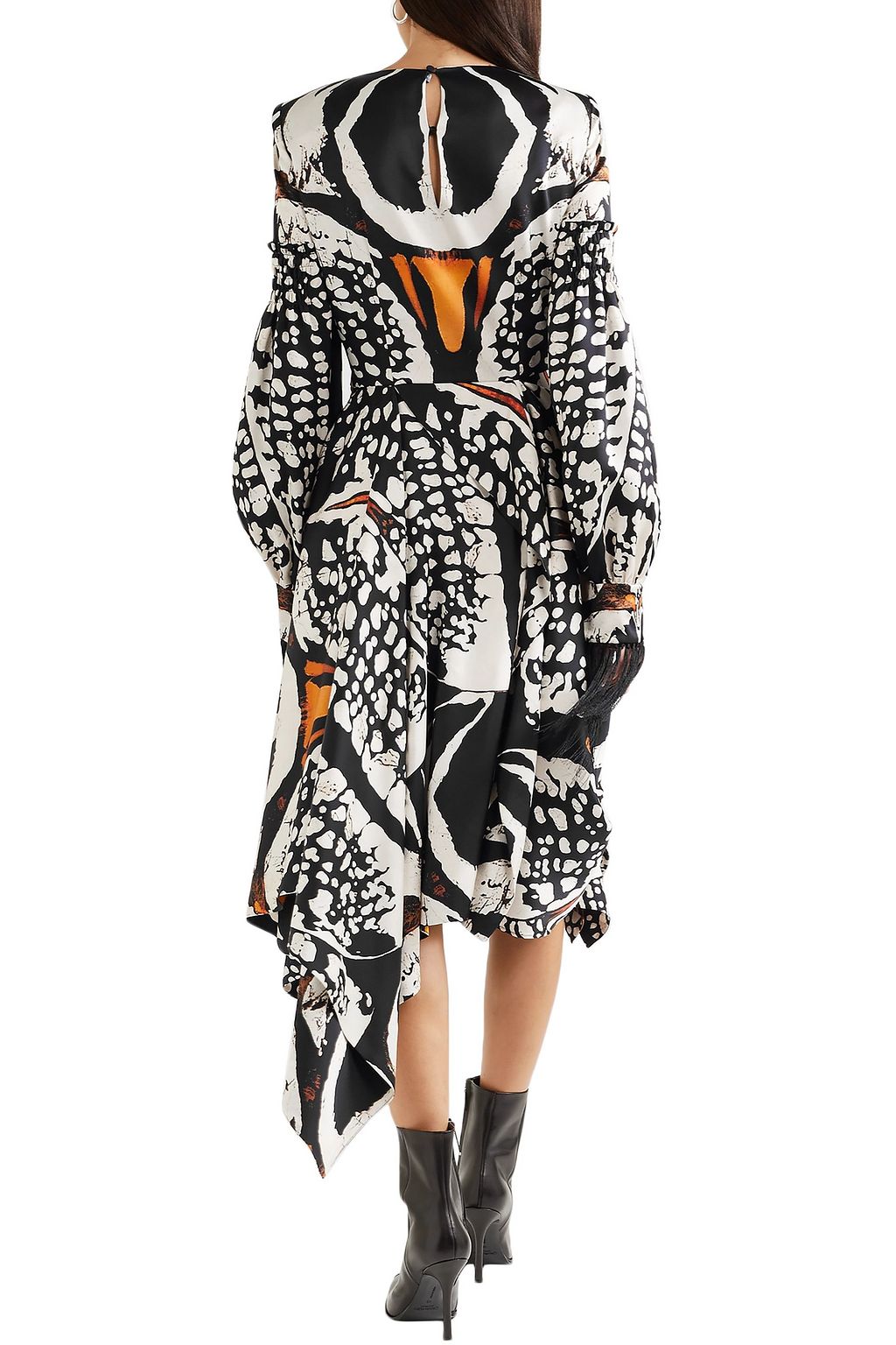 MCQUEEN Asymmetric cutout printed silk crepe de chine midi dress
