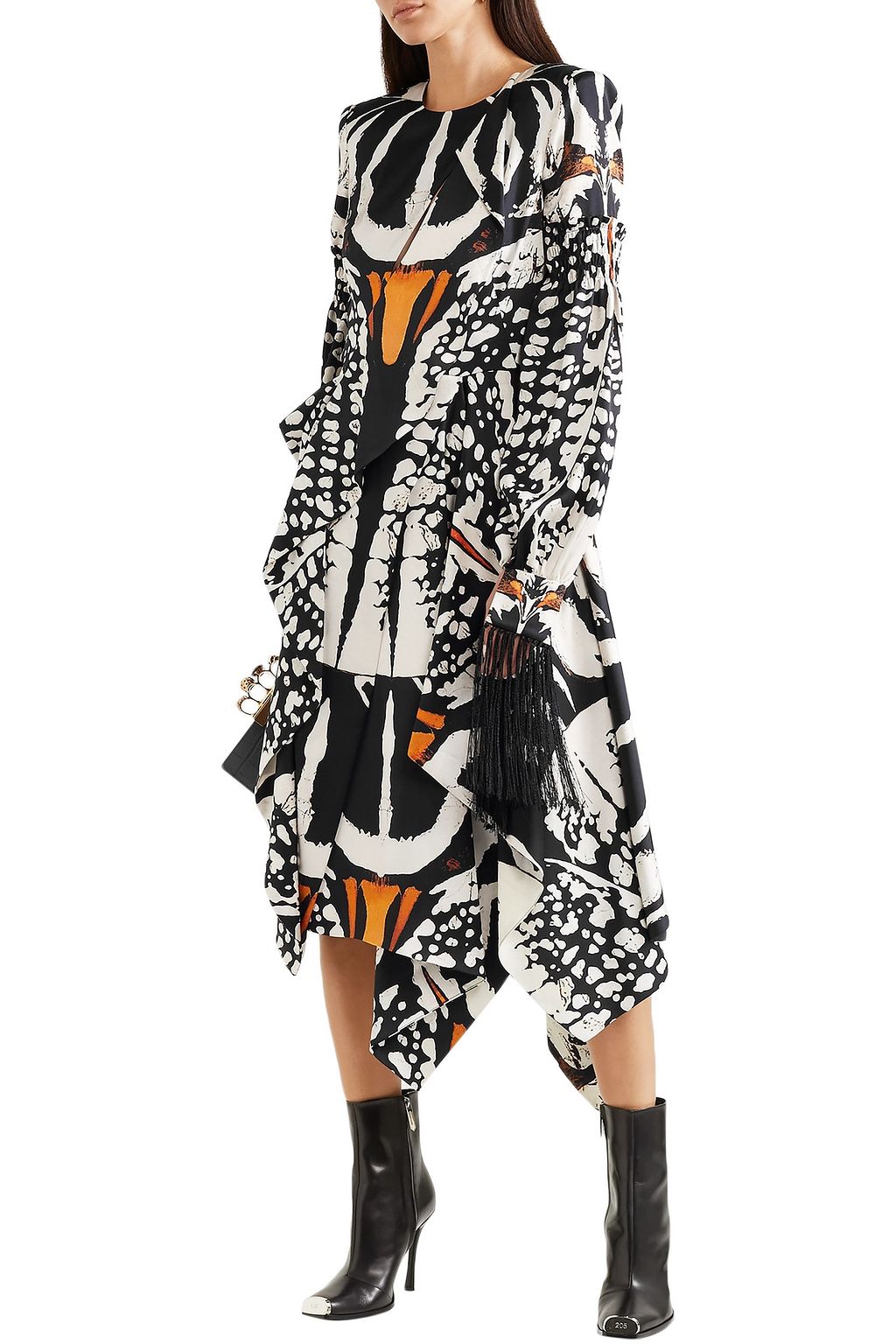 MCQUEEN Asymmetric cutout printed silk crepe de chine midi dress