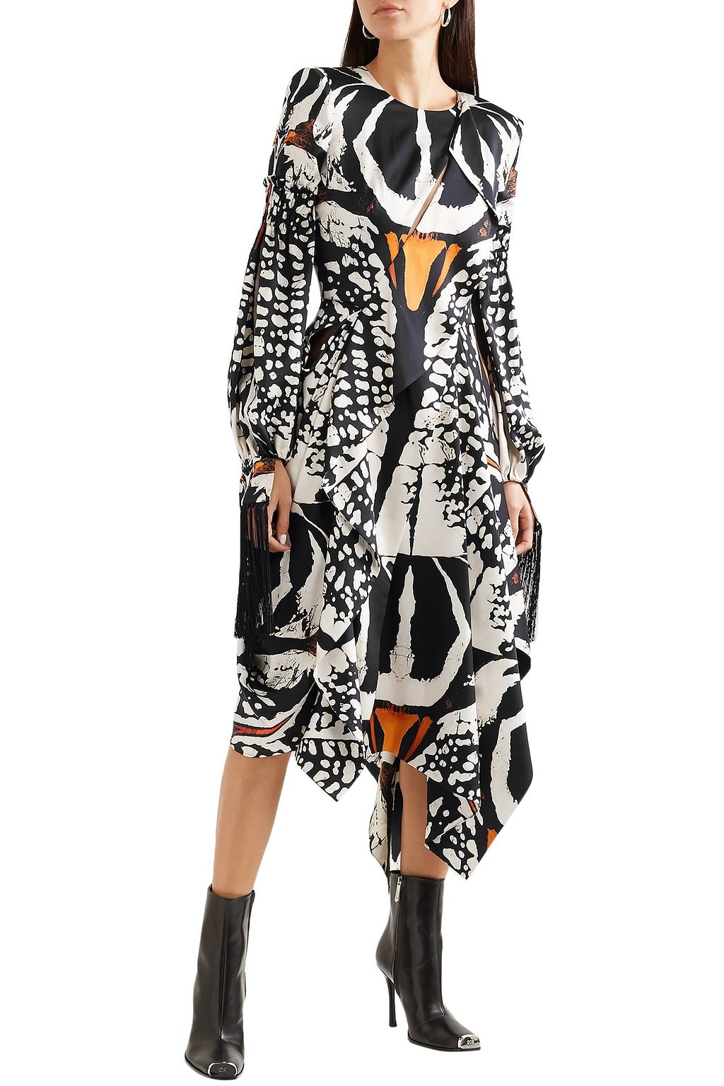 MCQUEEN Asymmetric cutout printed silk crepe de chine midi dress
