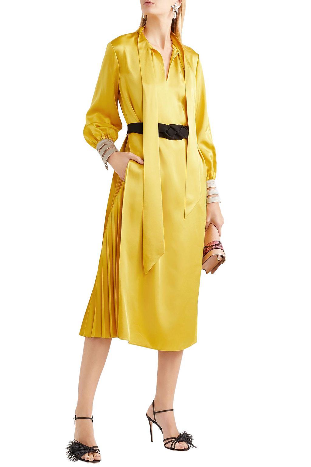 FENDI Pussy-bow belted crepe de chine midi dress