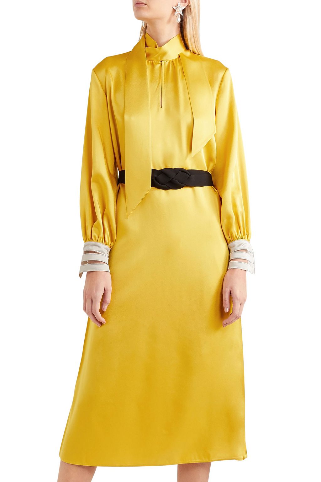 FENDI Pussy-bow belted crepe de chine midi dress
