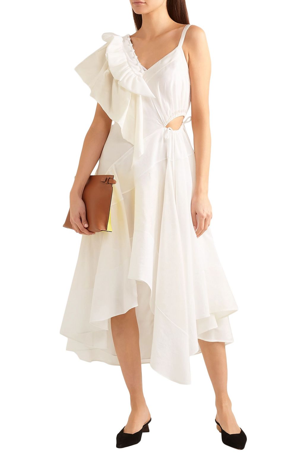 LOEWE Asymmetric cutout jacquard-paneled crepe midi dress