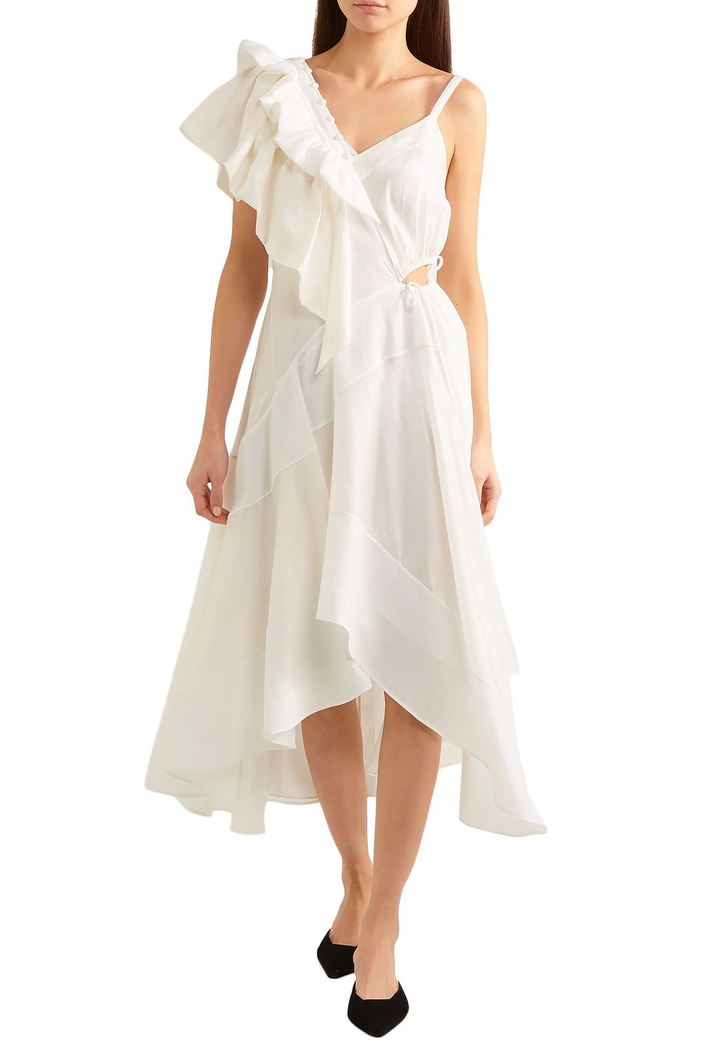 LOEWE Asymmetric cutout jacquard-paneled crepe midi dress