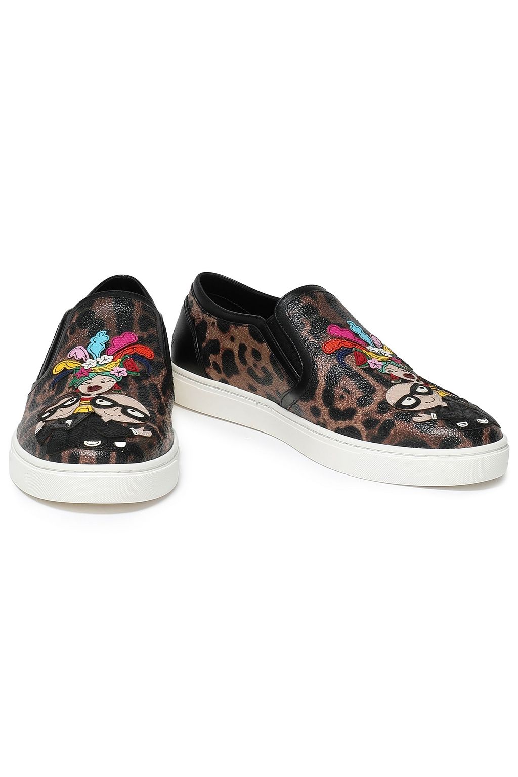 DOLCE&GABBANA Appliquéd leopard-print faux leather slip-on sneakers