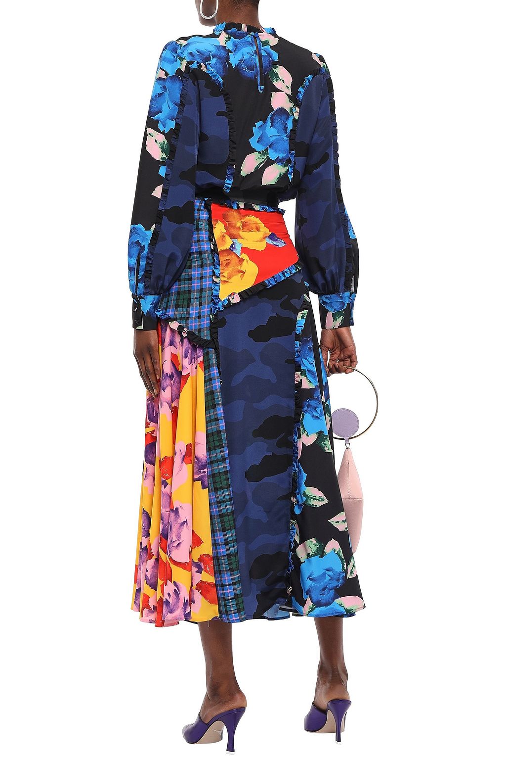 MSGM Patchwork pleated printed crepe de chine midi skirt