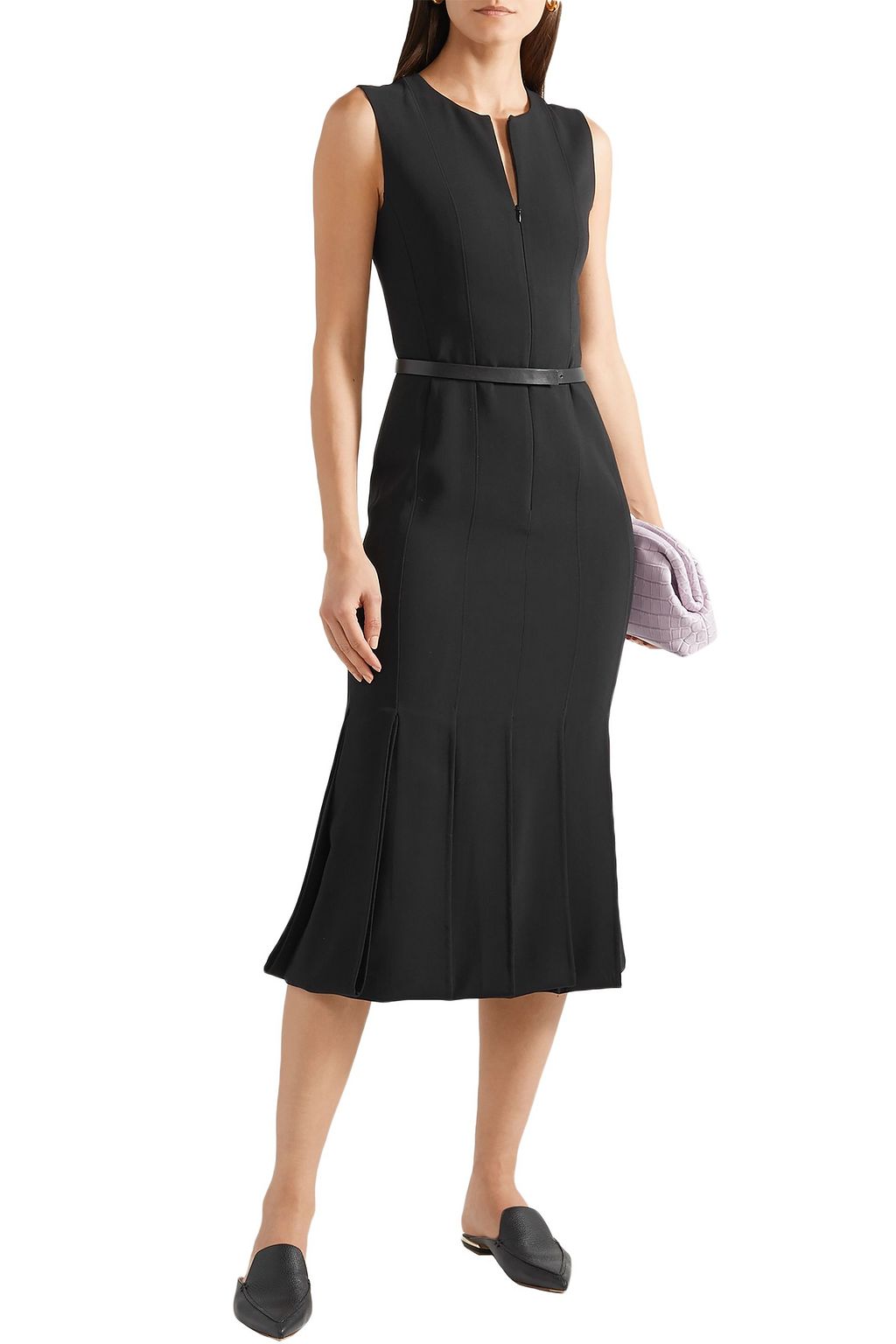 AKRIS Belted pleated wool-blend midi dress