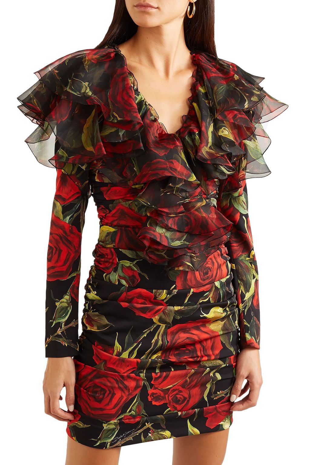 DOLCE&GABBANA Organza-trimmed floral-print silk-blend charmeuse mini dress