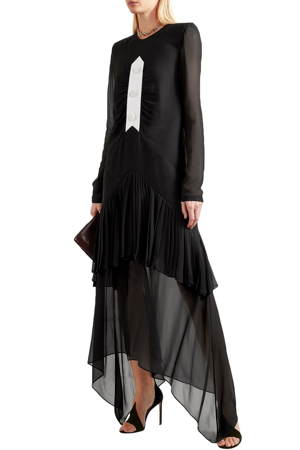 GIVENCHY Belted button-embellished pleated silk-chiffon maxi dress
