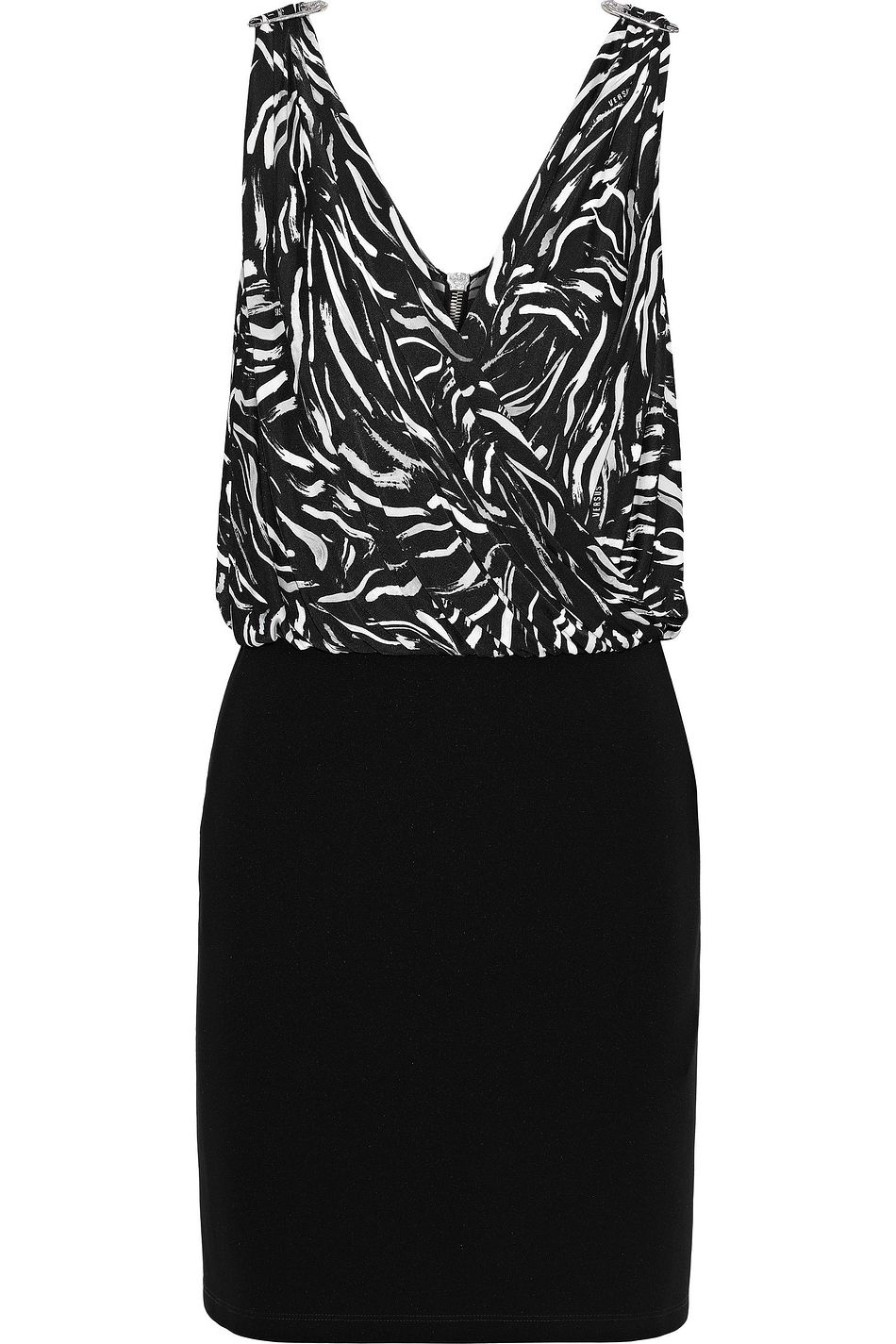 Black Embellished Pleated Printed Jersey Paneled Ponte Mini Dress