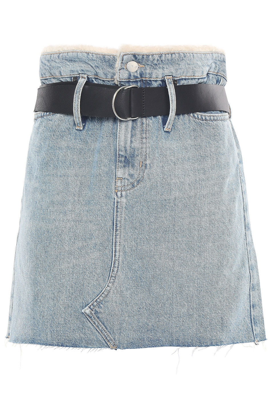 Icons shearling-trimmed belted denim mini skirt