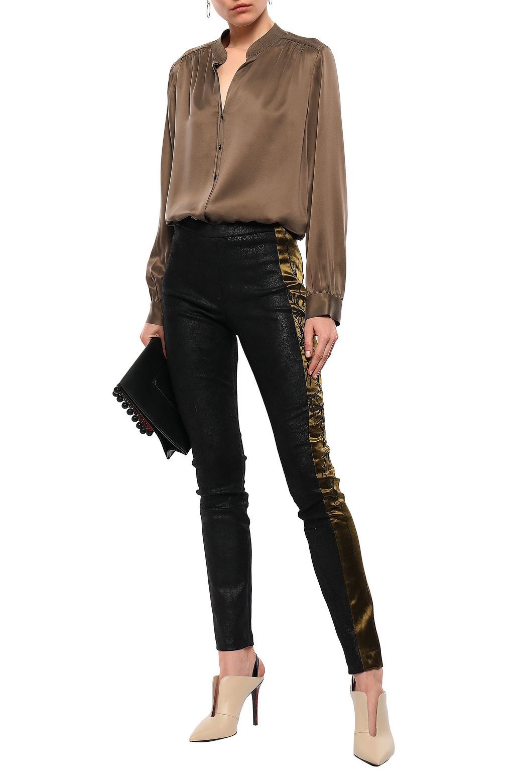 HAIDER ACKERMANN Embroidered satin-trimmed coated stretch-suede leggings