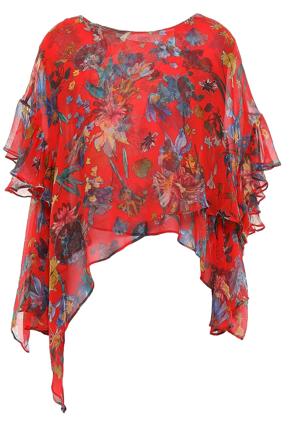 Yellow asymmetric ruffled floral-print silk-georgette blouse