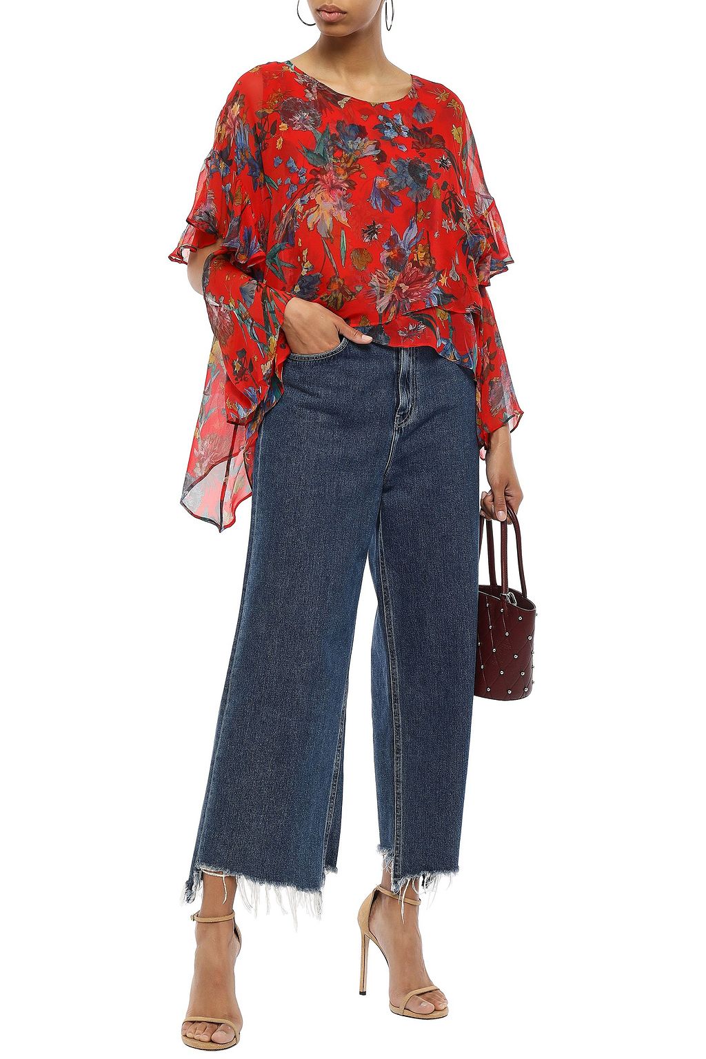 IRO Yellow asymmetric ruffled floral-print silk-georgette blouse