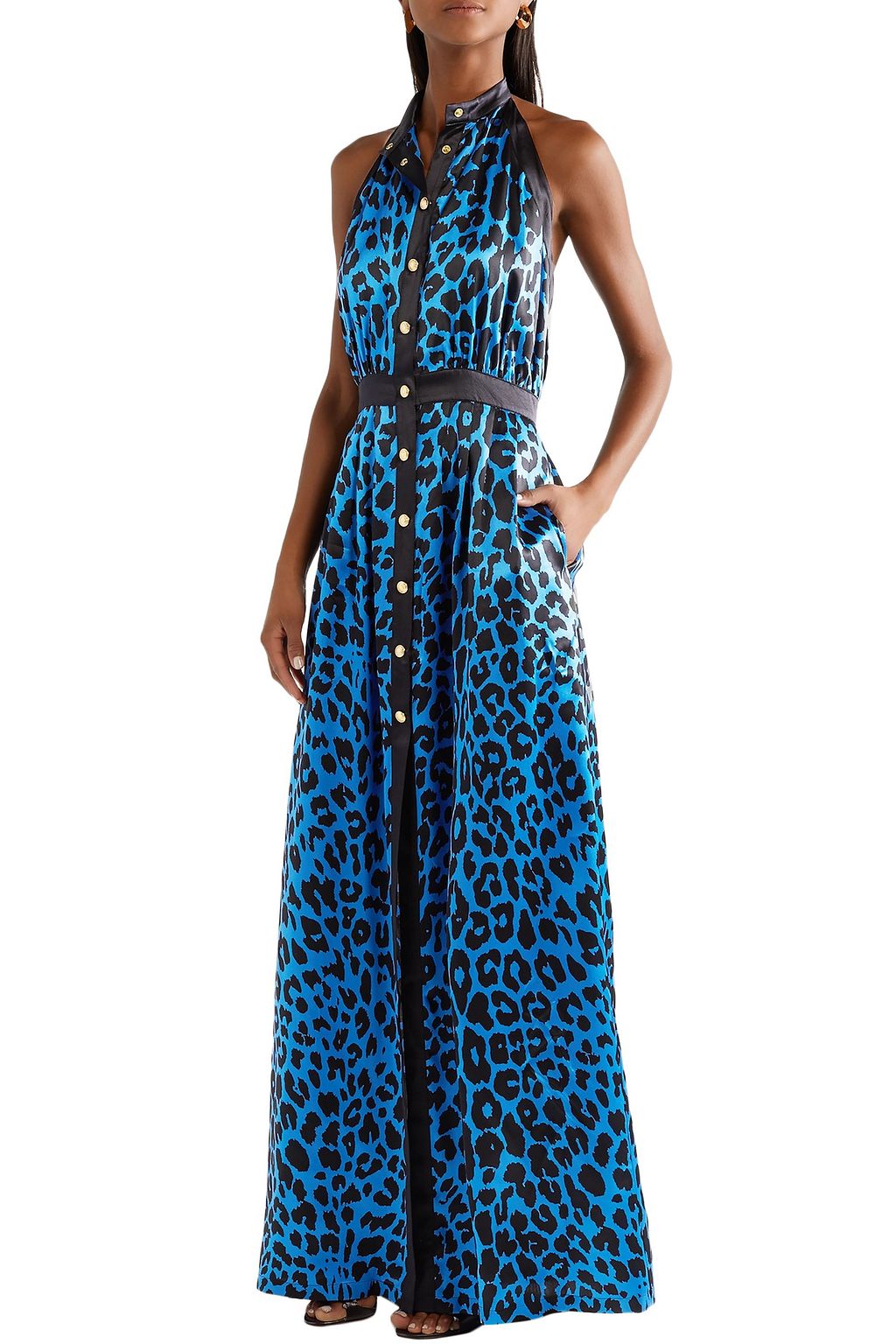 BALMAIN Leopard-print silk-satin halterneck maxi dress