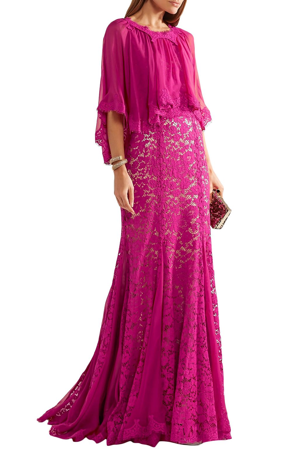 DOLCE&GABBANA Cape-effect chiffon and corded lace gown