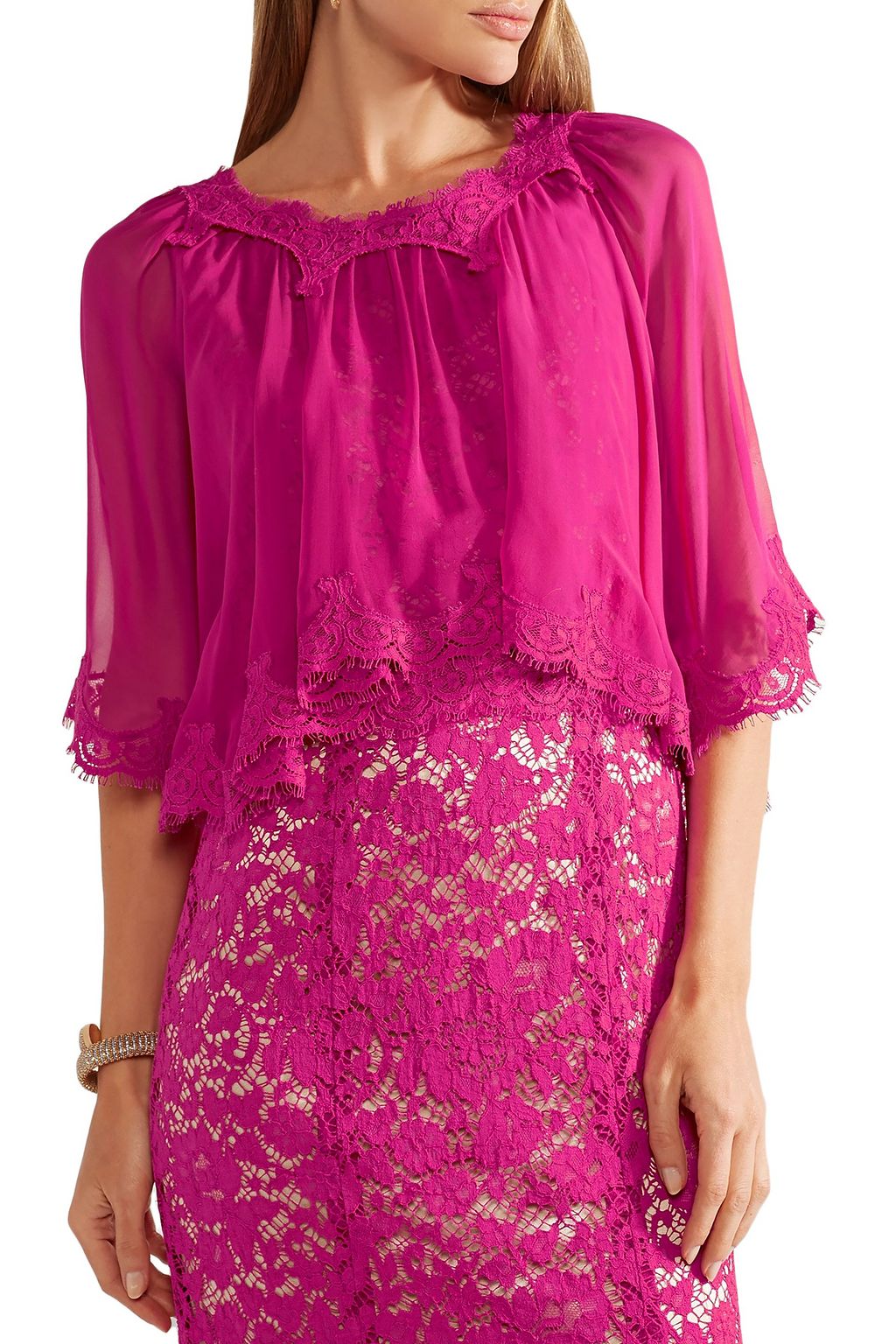 DOLCE&GABBANA Cape-effect chiffon and corded lace gown