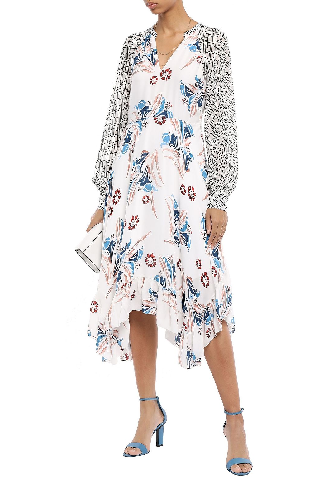 JOIE Morley asymmetric georgette-paneled floral-print silk-crepe midi dress