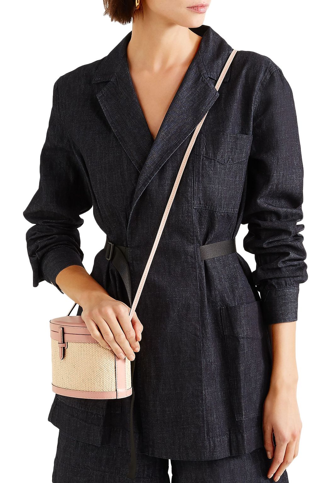 HUNTING SEASON Trunk leather-trimmed woven raffia shoulder bag