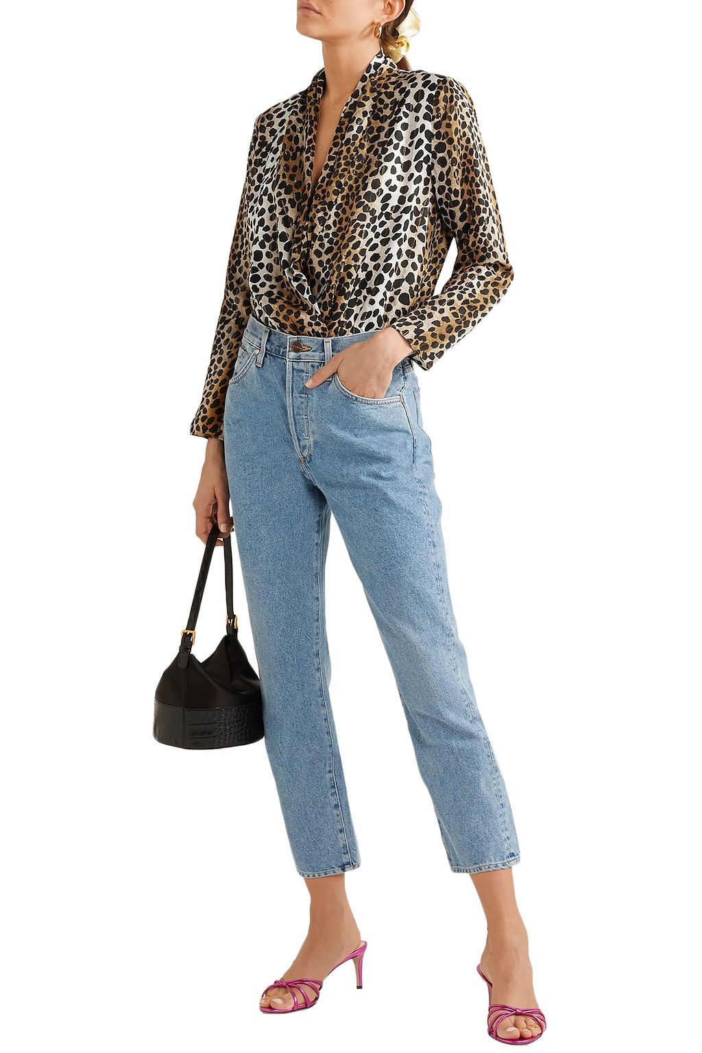RIXO Avril wrap-effect metallic leopard-print satin and stretch-lace bodysuit