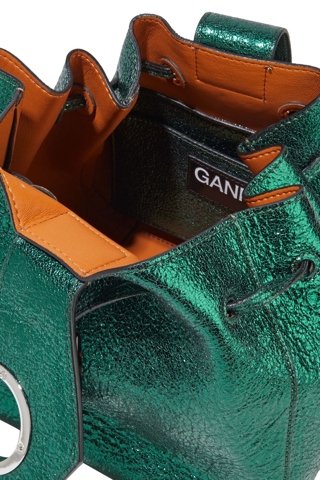 GANNI Embellished metallic cracked-leather bucket bag