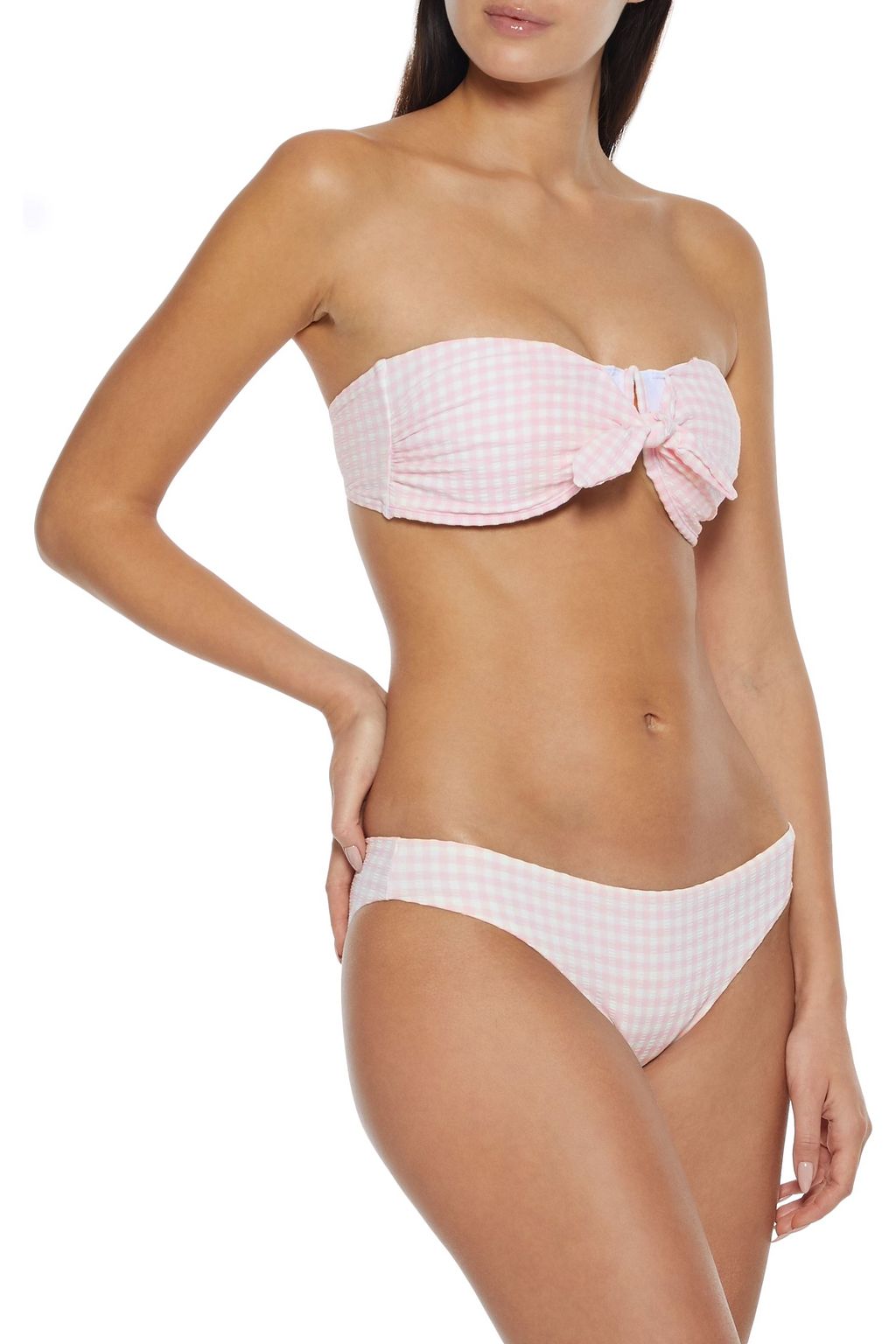 ONIA Madeline strapless knotted gingham seersucker bikini top