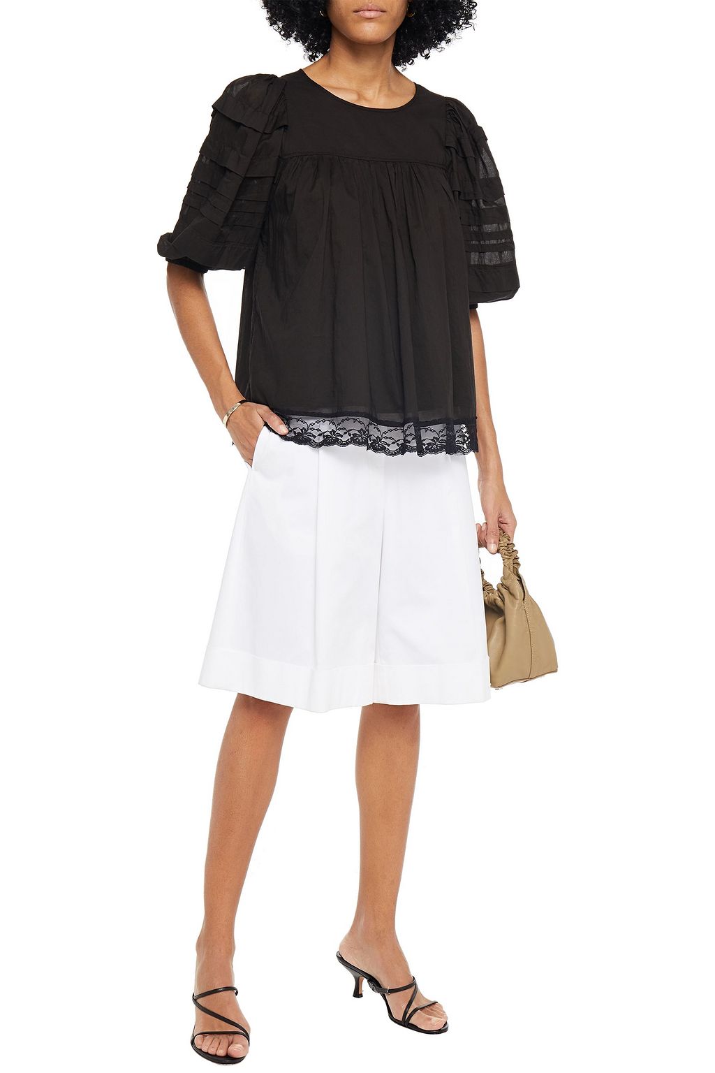 CLU Lace-trimmed pleated cotton-voile blouse