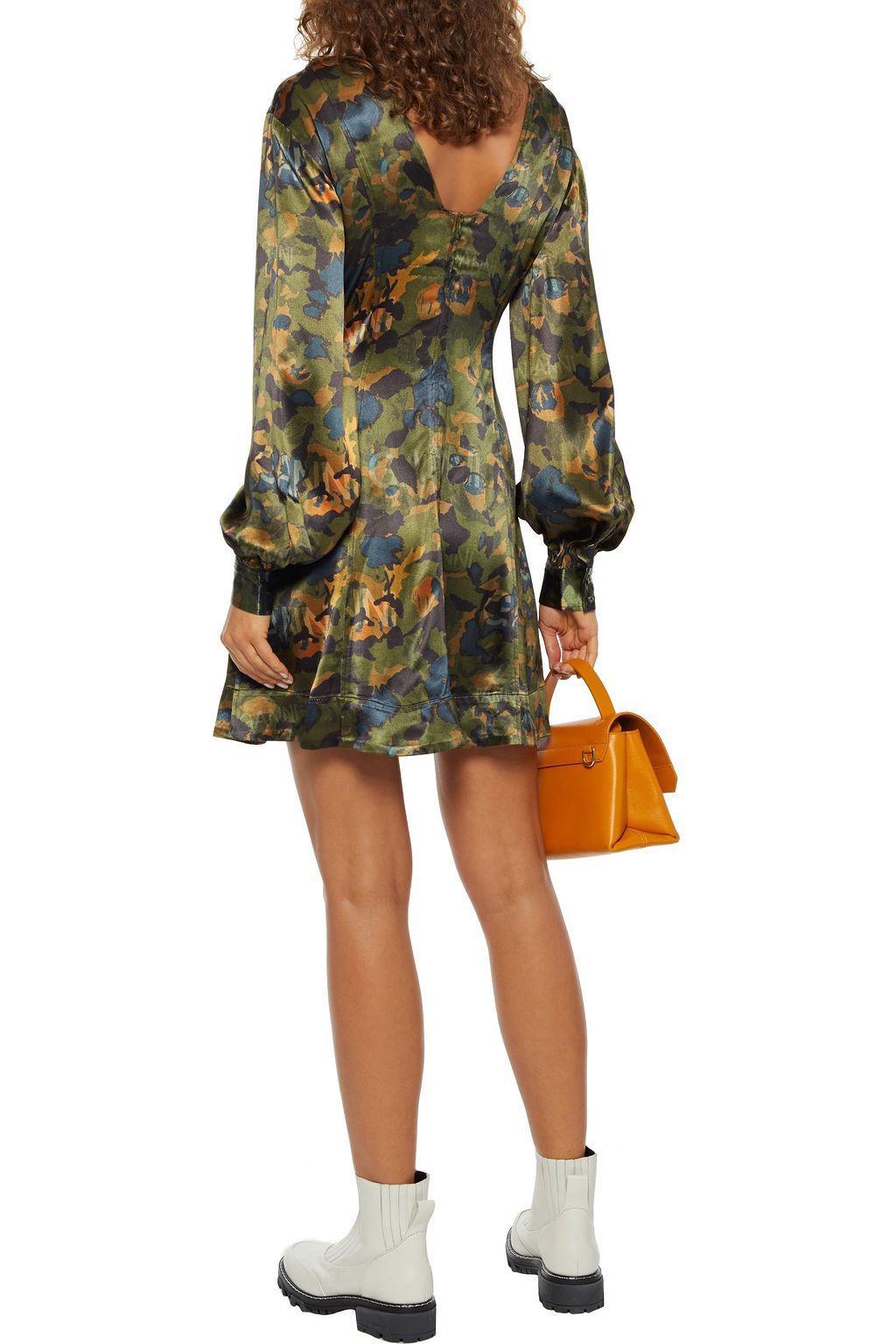 GANNI Gathered printed satin mini dress