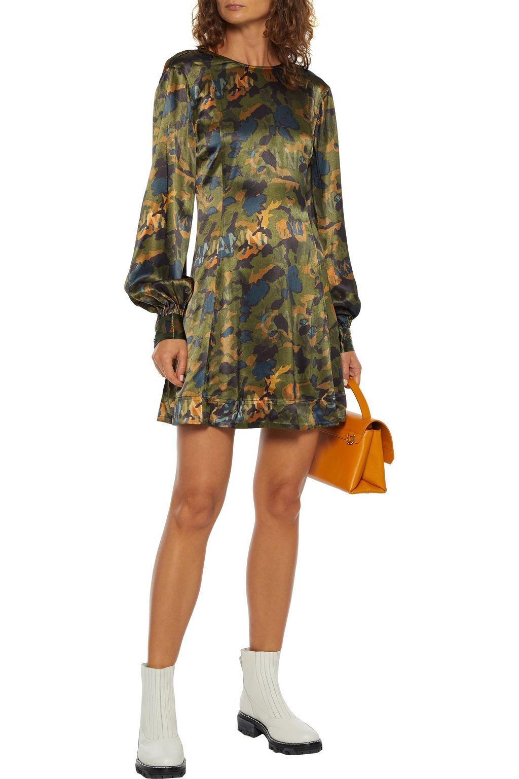 GANNI Gathered printed satin mini dress