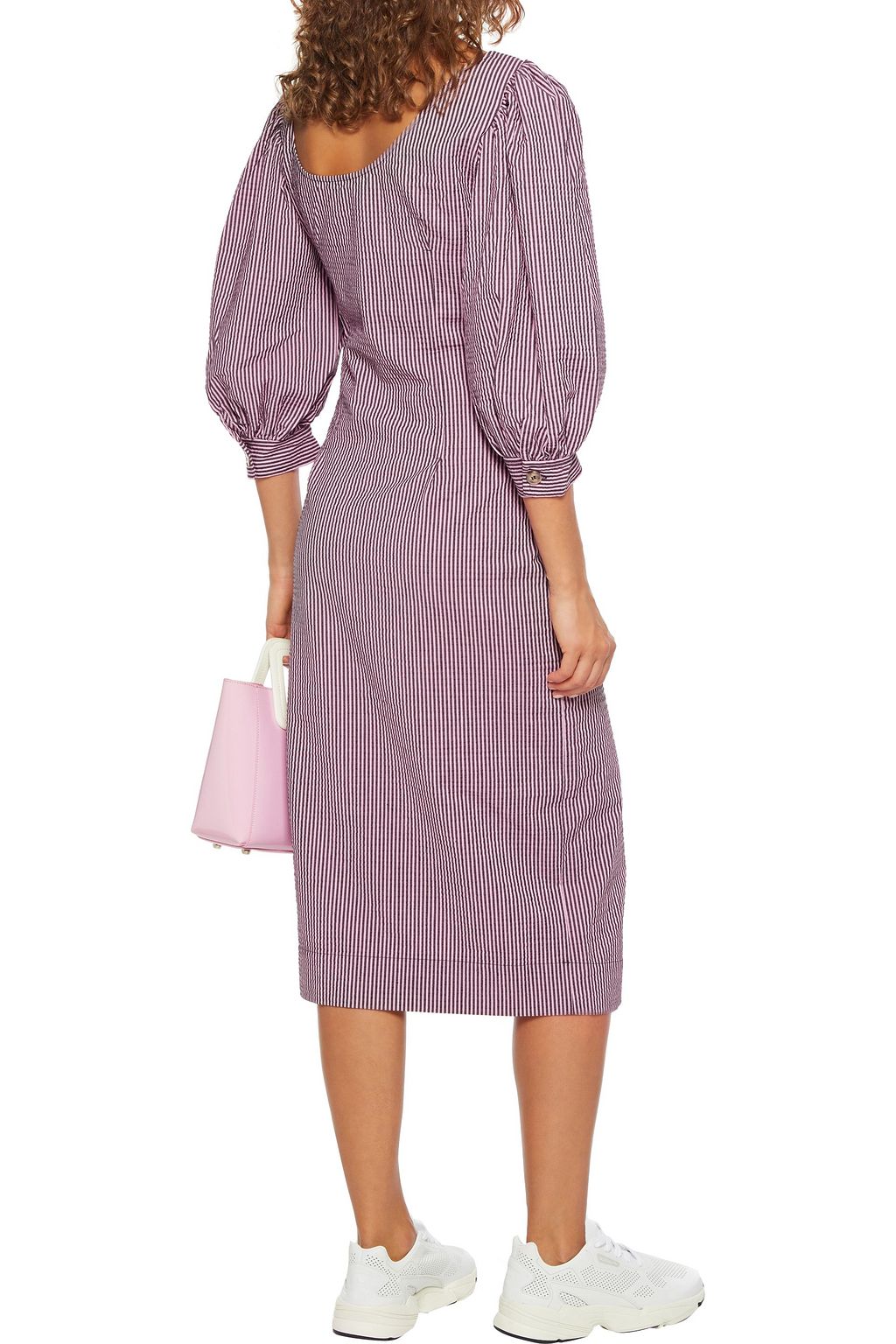 GANNI Cutout striped cotton-blend seersucker midi dress