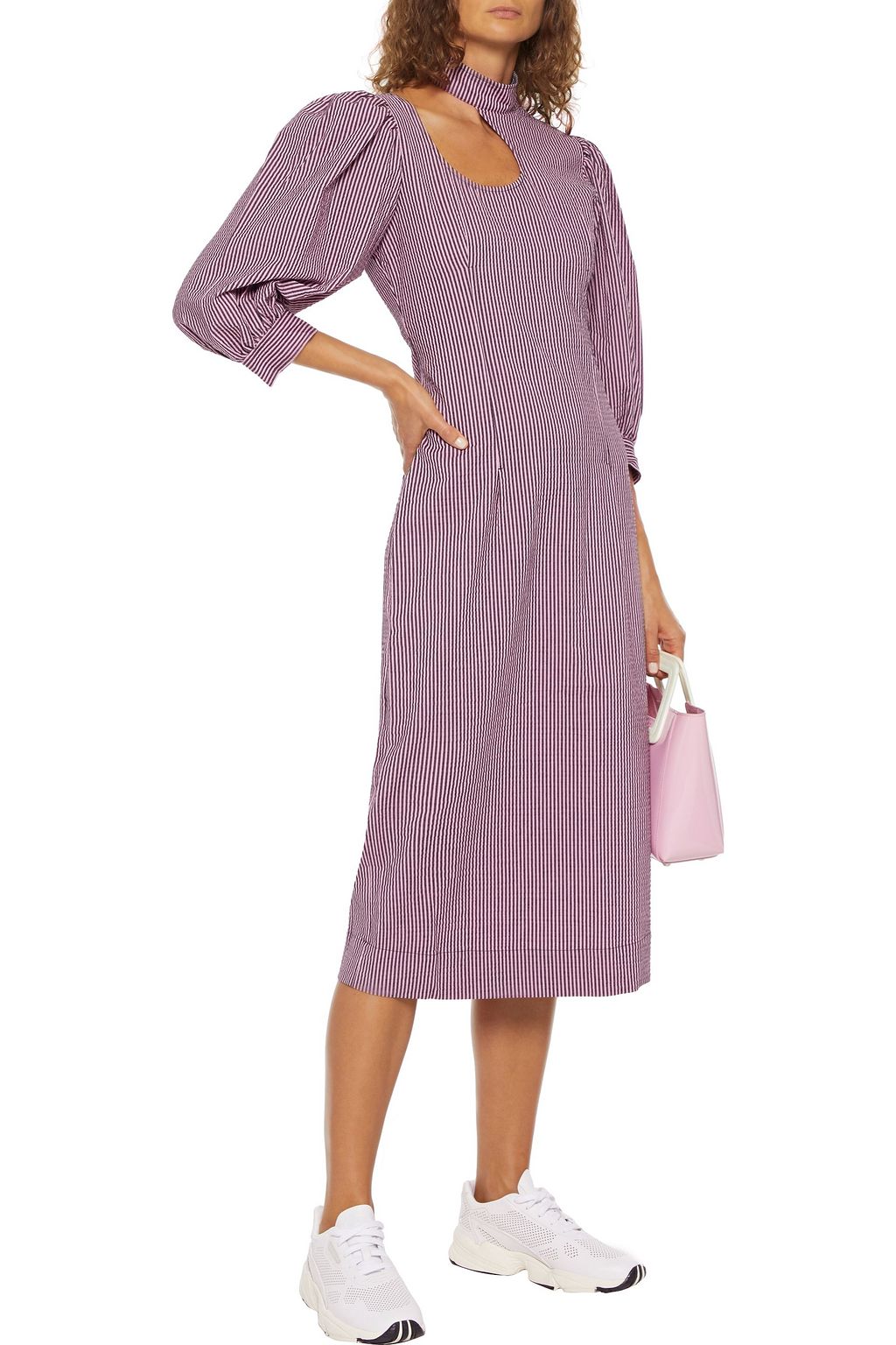 GANNI Cutout striped cotton-blend seersucker midi dress
