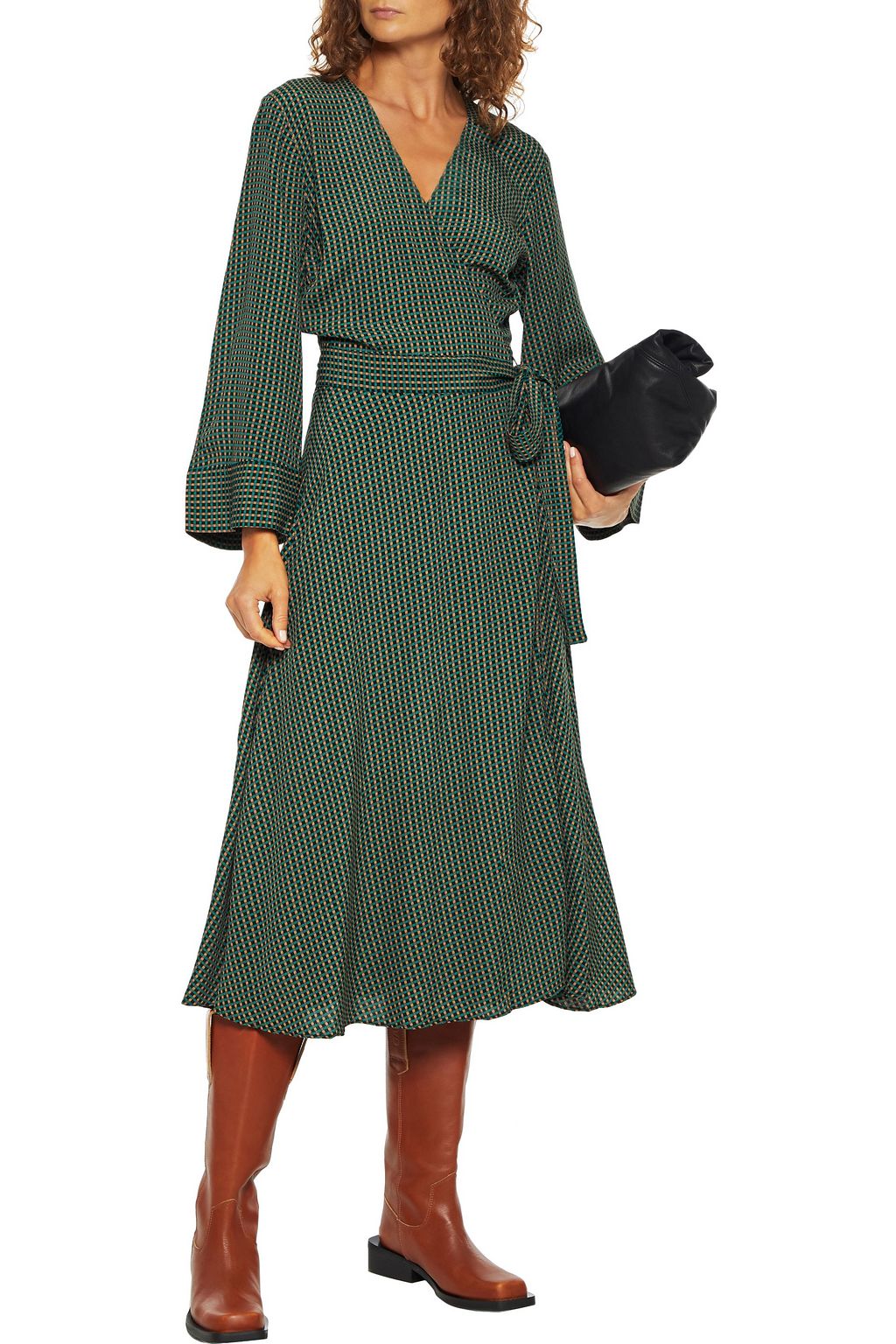 GANNI Checked crepe midi wrap dress