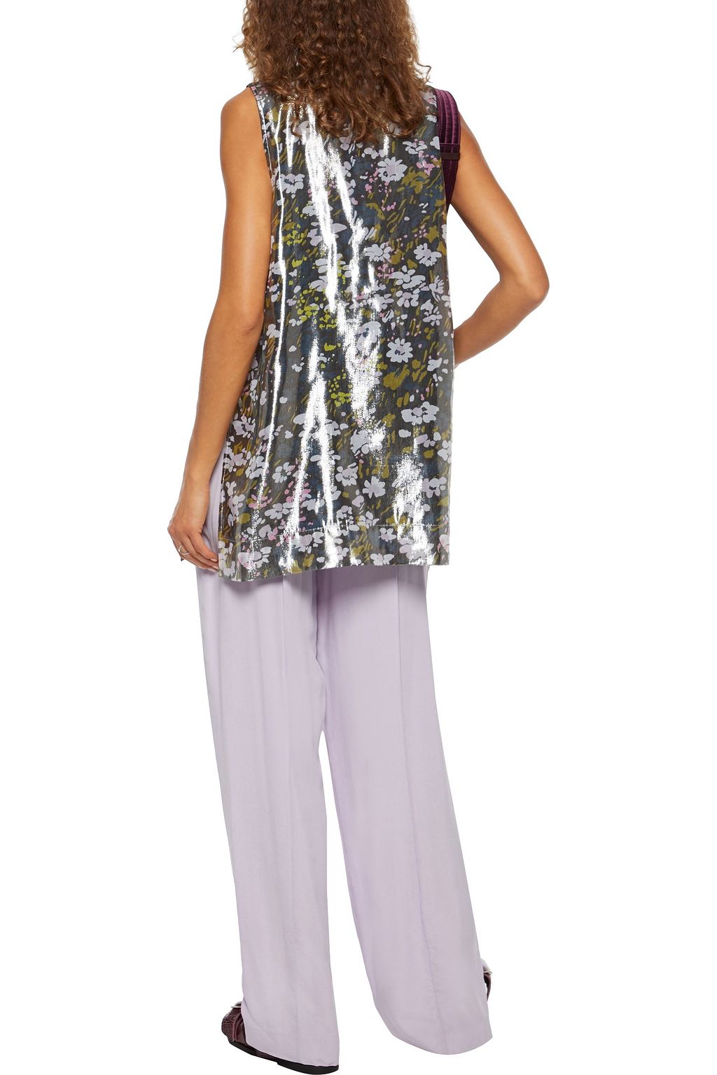 GANNI Floral-print silk-blend lamé top