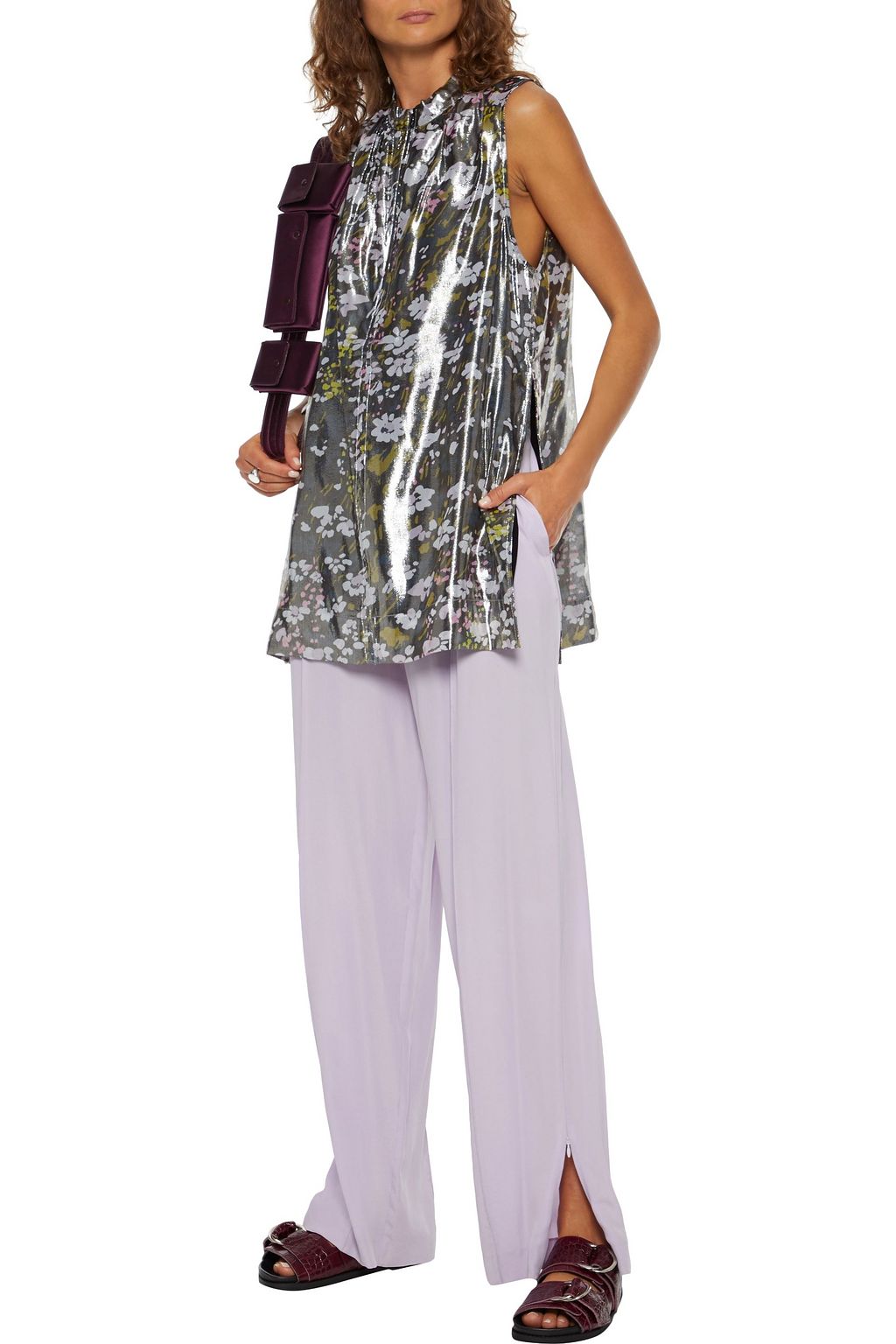 GANNI Floral-print silk-blend lamé top