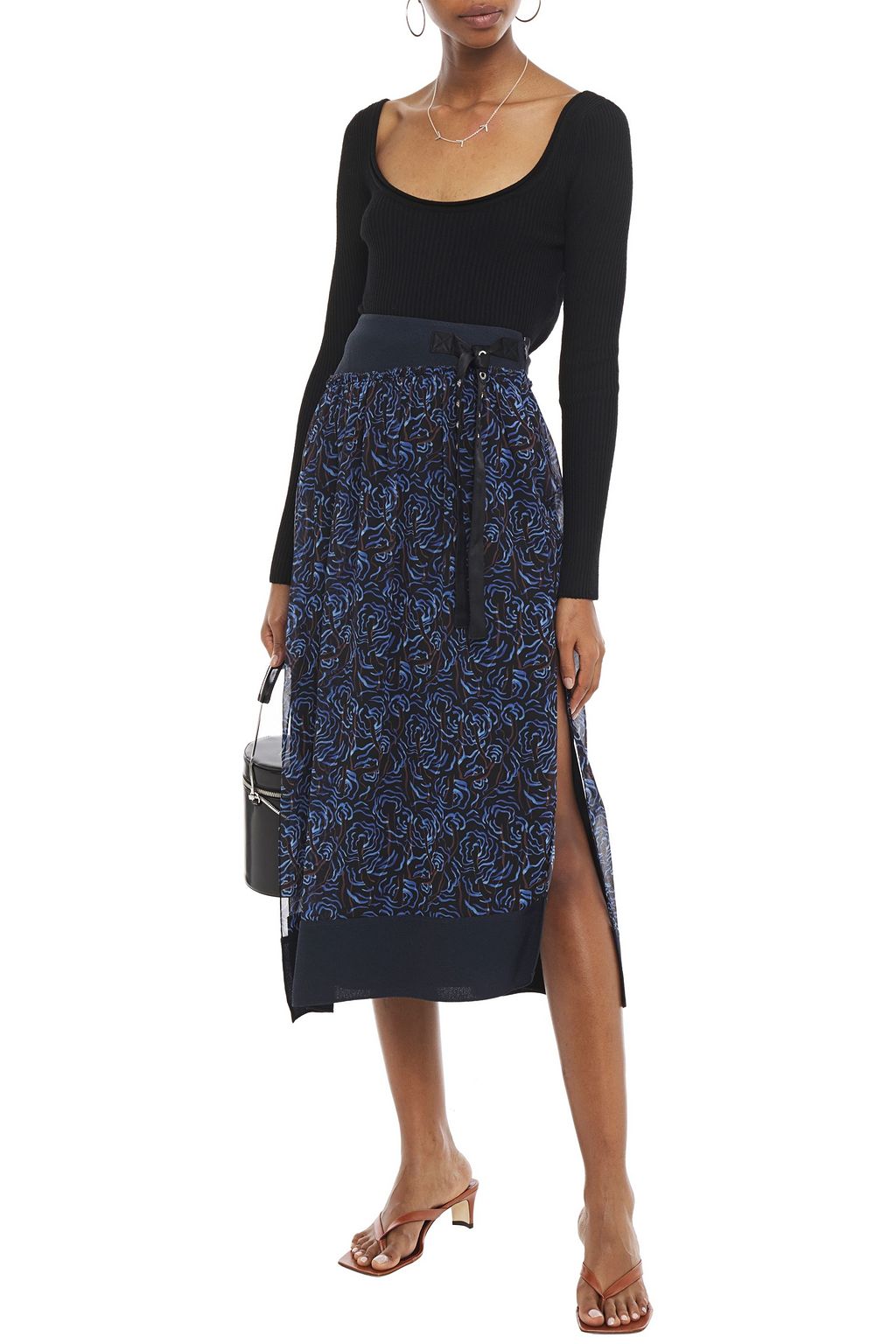 3.1 PHILLIP LIM Paneled crepe and printed voile midi skirt