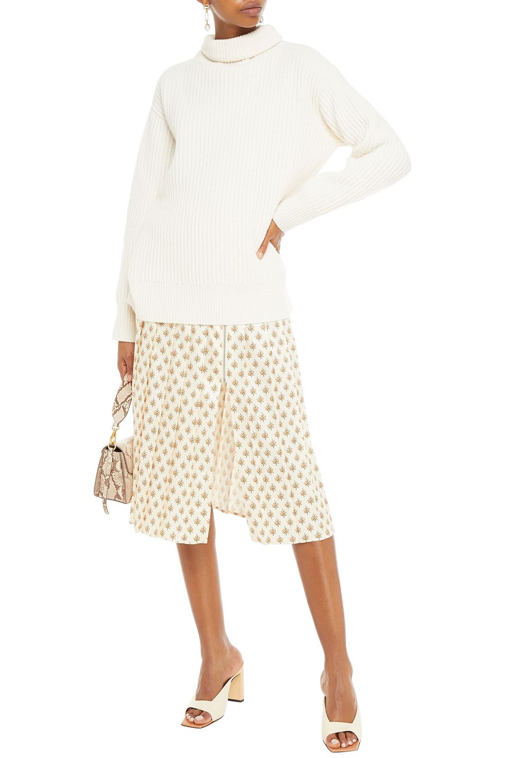 ALEXACHUNG Pleated floral-print satin midi skirt
