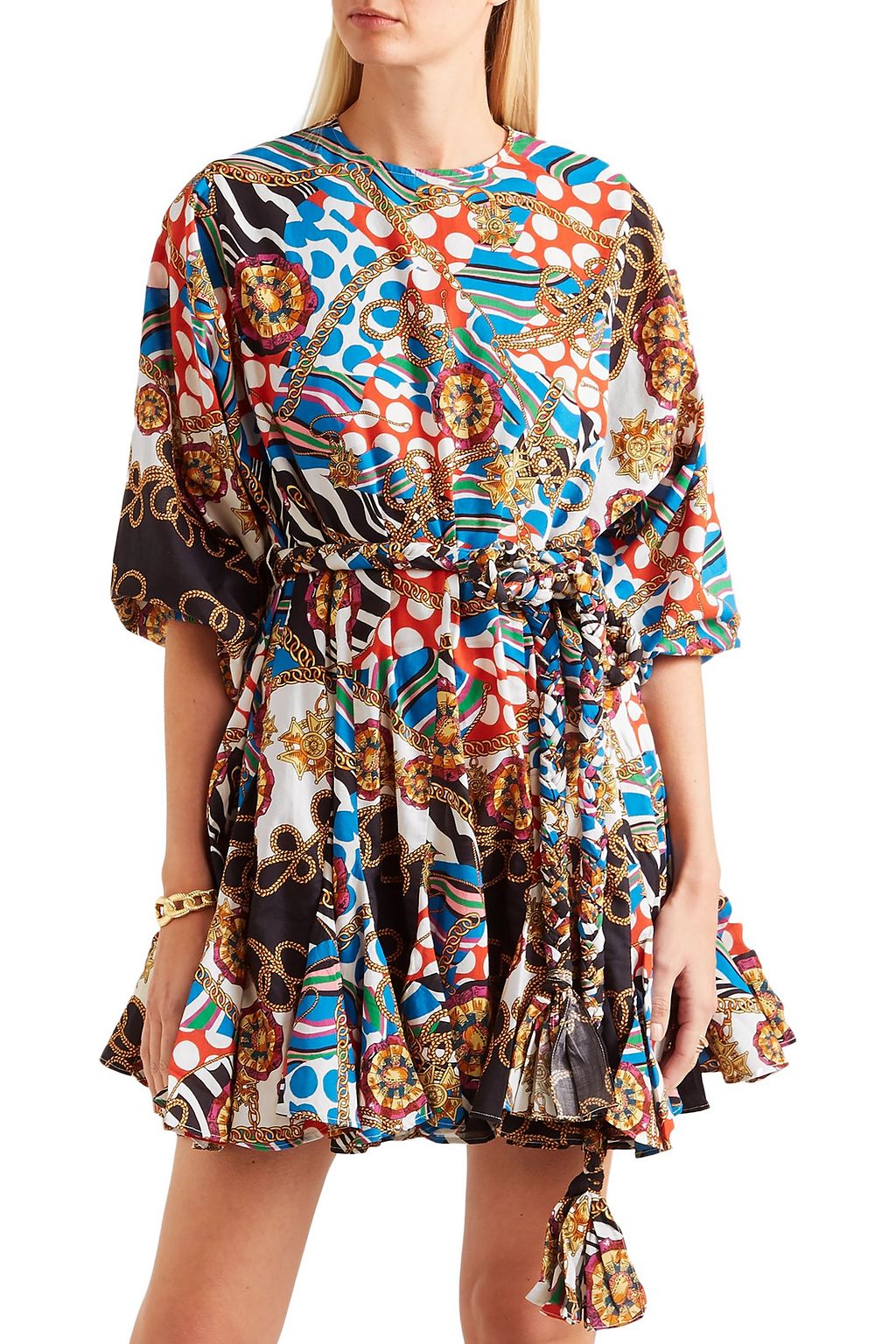 RHODE Ella belted printed cotton-poplin mini dress