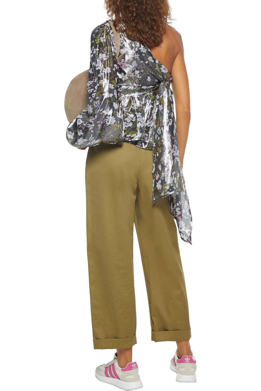 GANNI One-sleeve knotted floral-print silk-blend lamé top