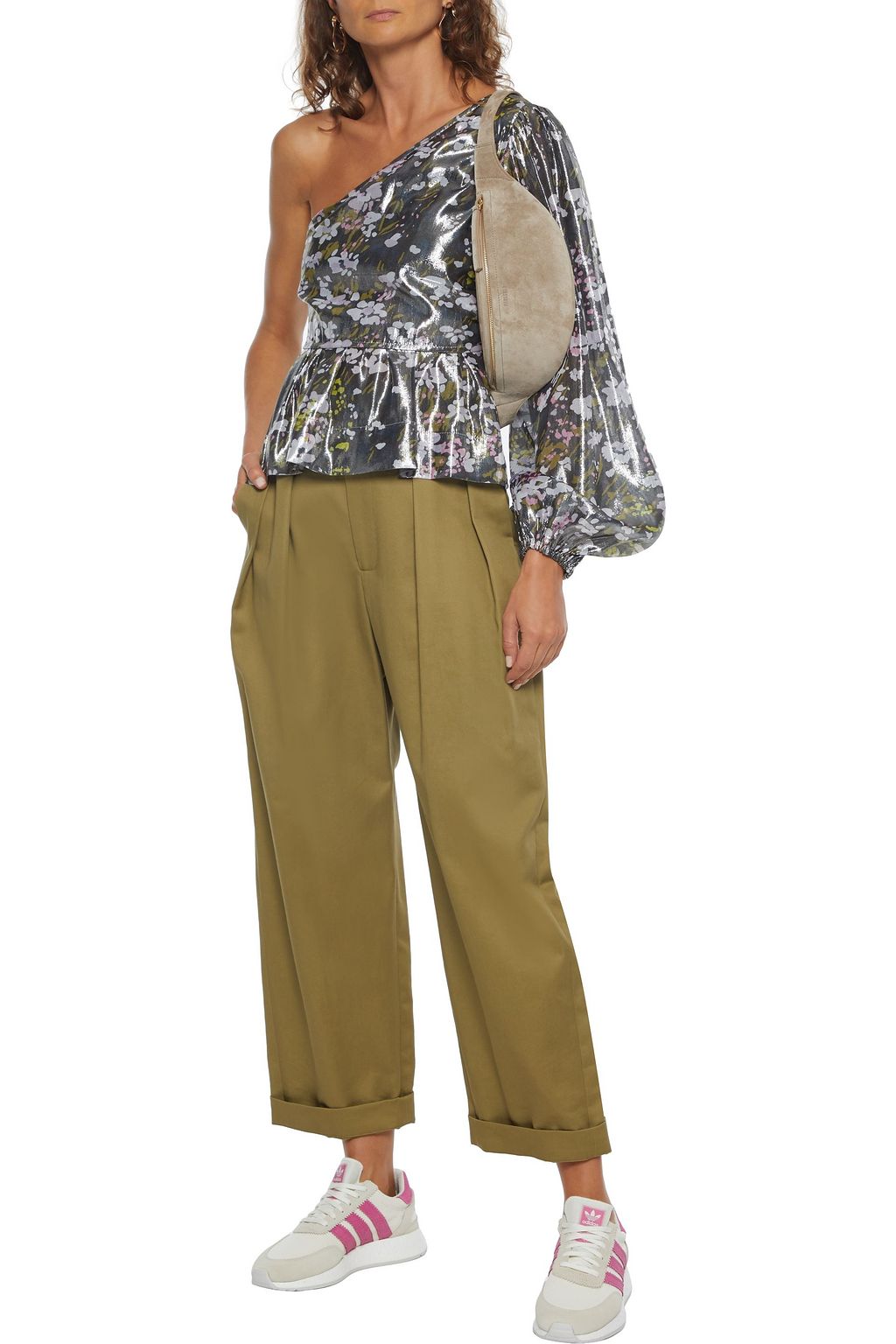 GANNI One-sleeve knotted floral-print silk-blend lamé top