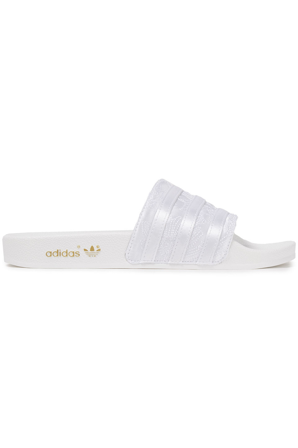 Adidas Originals Woman Adilette Embroidered Satin Slides White Size 5