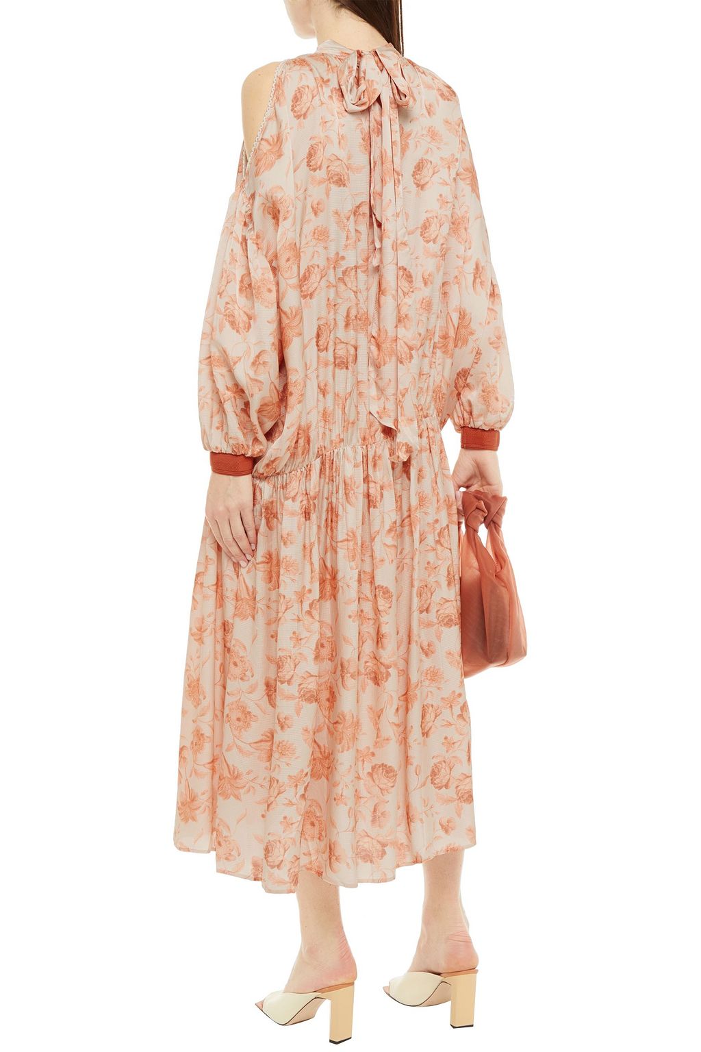 MOTHER OF PEARL Cold-shoulder floral-print hammered-satin midi dress