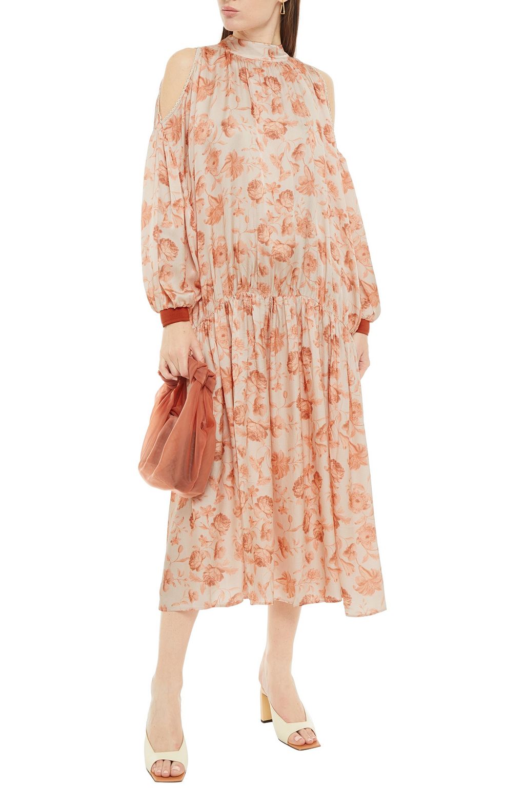 MOTHER OF PEARL Cold-shoulder floral-print hammered-satin midi dress