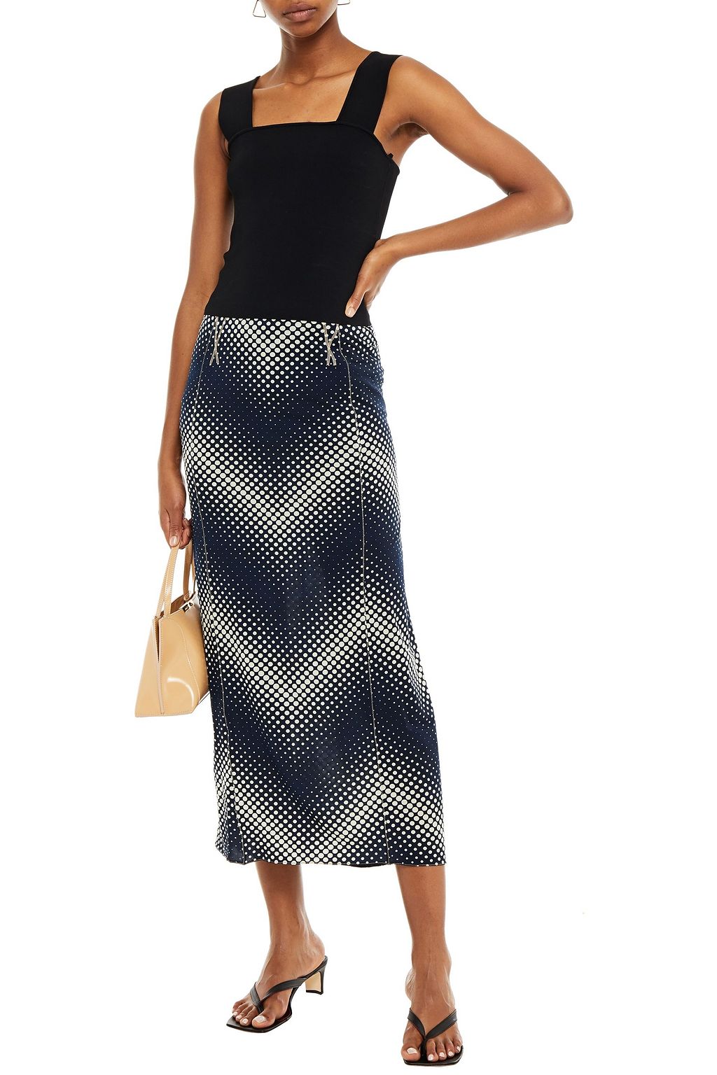 RABANNE Polka-dot stretch-jersey midi skirt