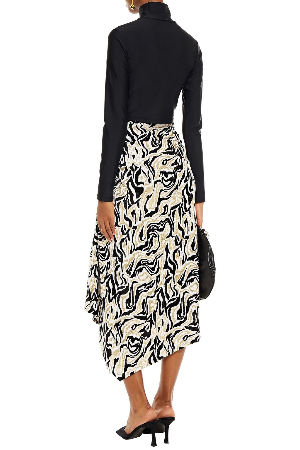 RABANNE Lace-up ruched metallic chenille-jacquard midi skirt